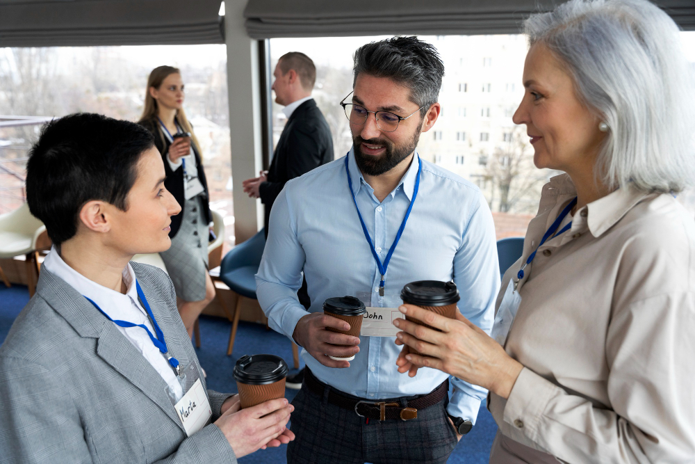 Attendees networking and exchanging ideas during a break at the DealBook Summit 2025.