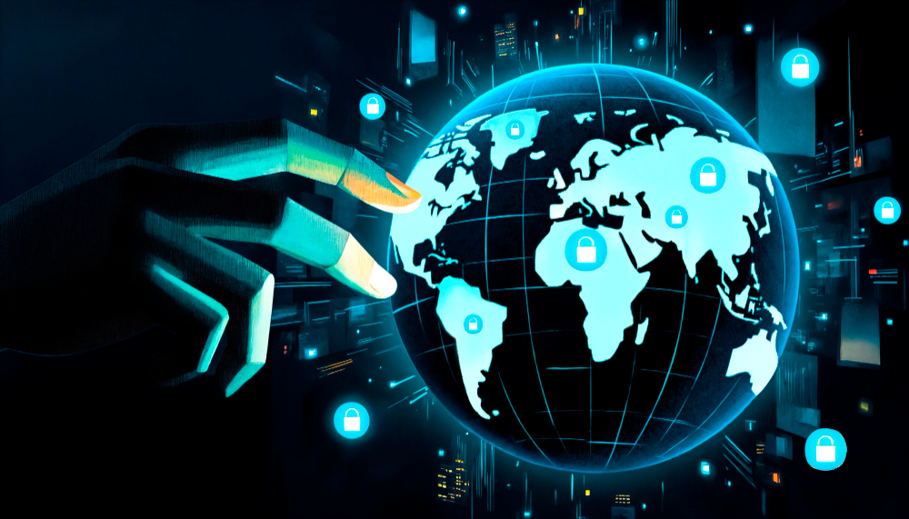 Futuristic city skyline with glowing data streams and AI connections linking buildings.