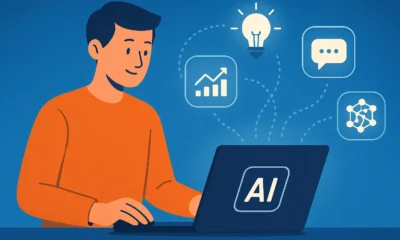 A person using a laptop with AI-generated icons floating around, symbolizing automation and digital intelligence.