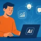 A person using a laptop with AI-generated icons floating around, symbolizing automation and digital intelligence.