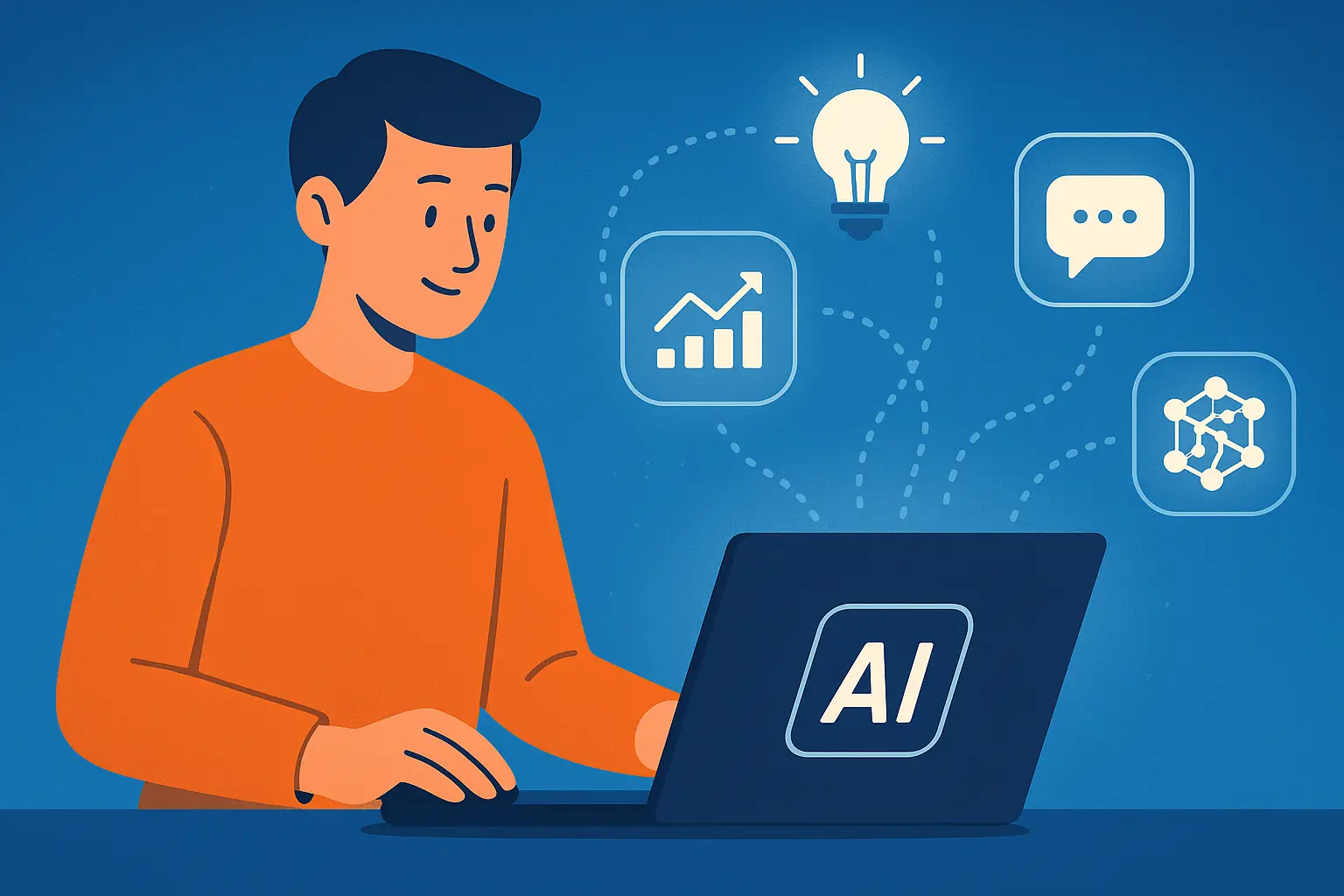 A person using a laptop with AI-generated icons floating around, symbolizing automation and digital intelligence.