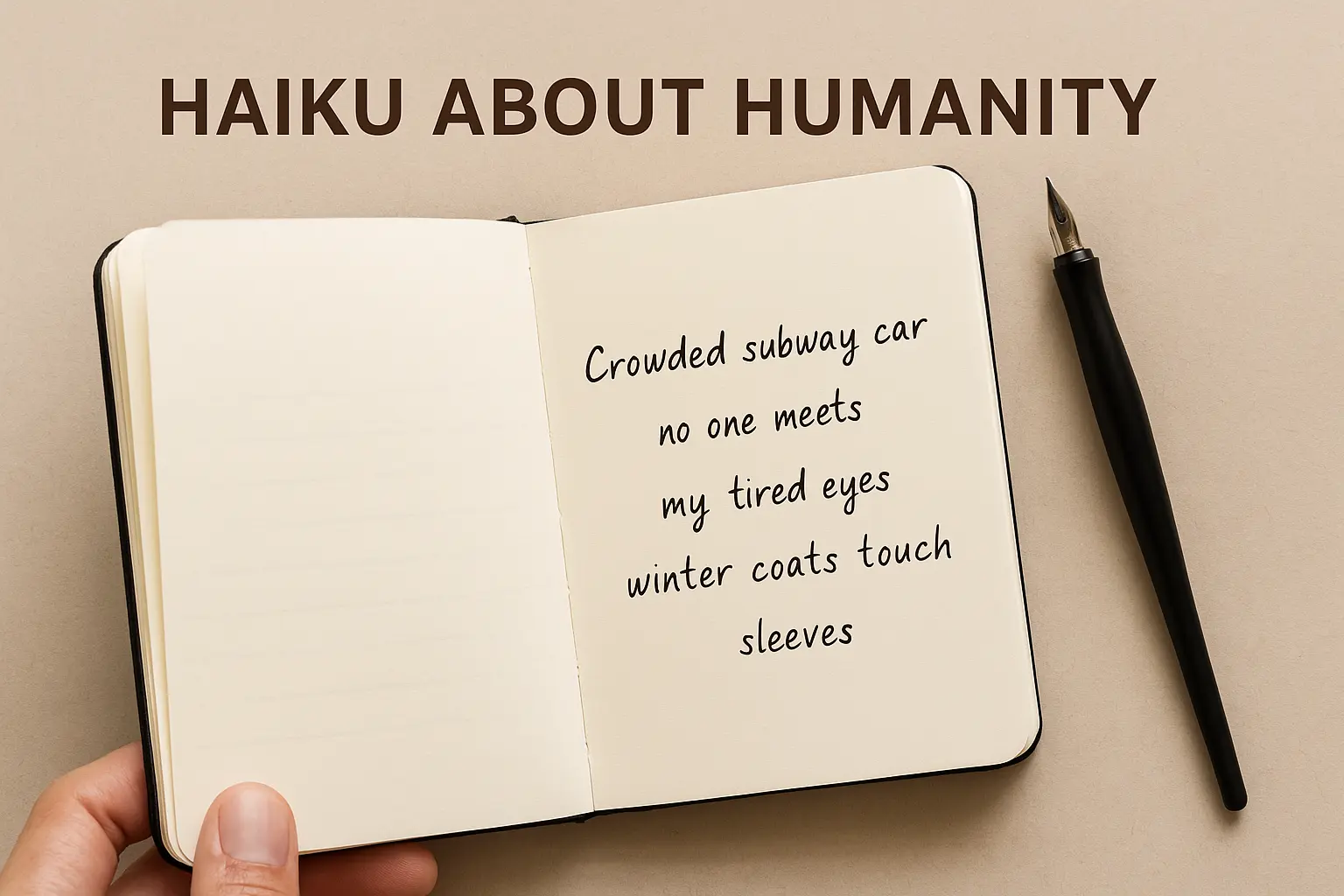 Handwritten haiku about humanity in a notebook, expressing human emotion through simple poetry