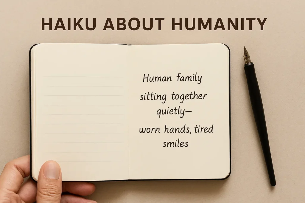 Person quietly reading a haiku about humanity, reflecting on shared human experience