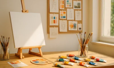 Bright artist workspace with a blank canvas on an easel, jars of brushes, and colorful paint tubes scattered on a wooden desk in warm natural light.