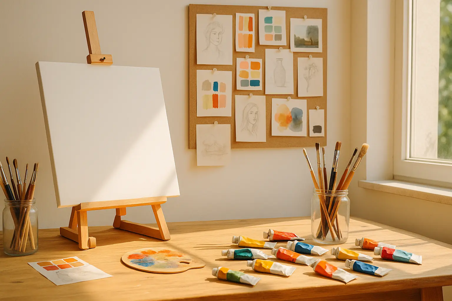Bright artist workspace with a blank canvas on an easel, jars of brushes, and colorful paint tubes scattered on a wooden desk in warm natural light.