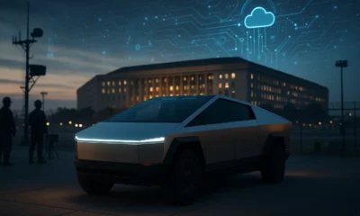 Tesla Cybertruck parked on a secure U.S. military base at dusk with the Pentagon in the background and digital AI network overlays symbolizing Big Tech influence.