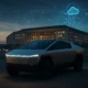 Tesla Cybertruck parked on a secure U.S. military base at dusk with the Pentagon in the background and digital AI network overlays symbolizing Big Tech influence.