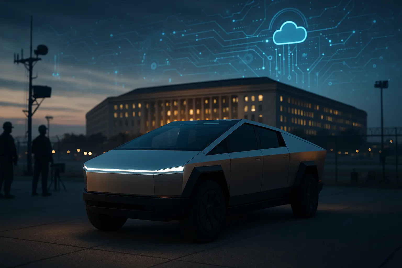 Tesla Cybertruck parked on a secure U.S. military base at dusk with the Pentagon in the background and digital AI network overlays symbolizing Big Tech influence.