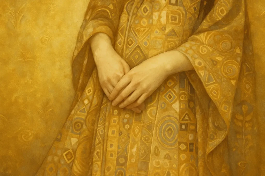 Close-up of elegant feminine hands clasped at the waist, wrapped in a gold-patterned Art Nouveau textile inspired by Klimt’s Golden Phase