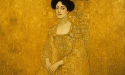 Elegant woman in gold-infused gown inspired by Gustav Klimt’s Golden Phase, surrounded by Art Nouveau patterns and shimmering gold textures
