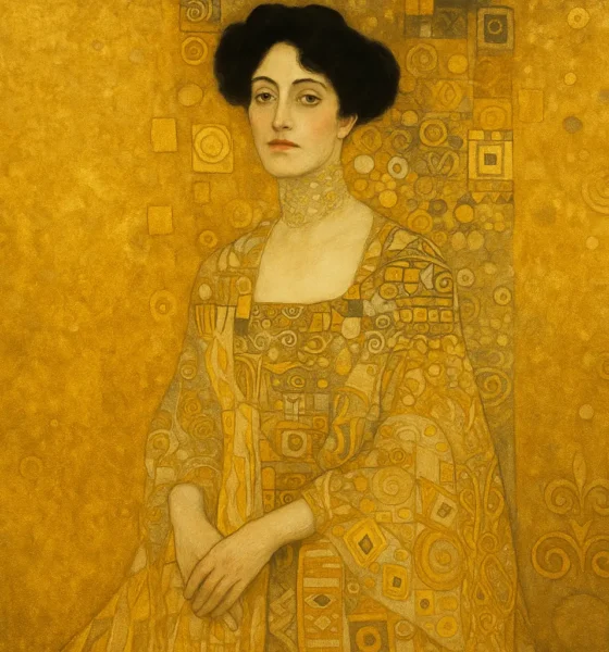 Elegant woman in gold-infused gown inspired by Gustav Klimt’s Golden Phase, surrounded by Art Nouveau patterns and shimmering gold textures