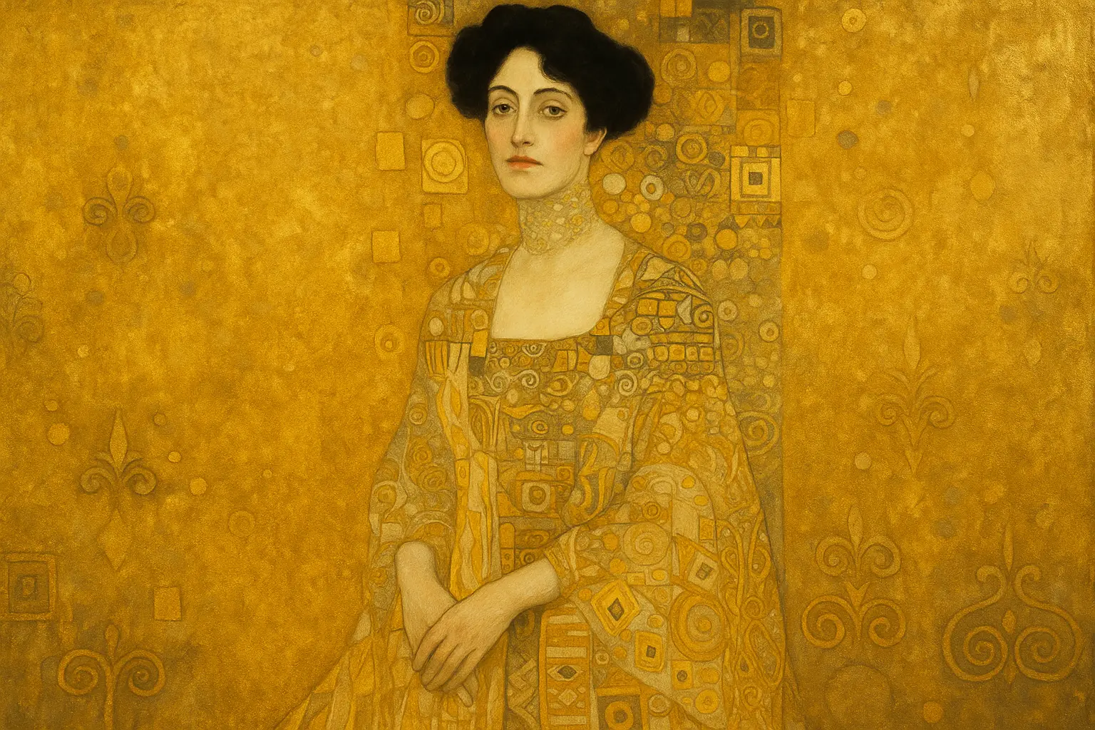 Elegant woman in gold-infused gown inspired by Gustav Klimt’s Golden Phase, surrounded by Art Nouveau patterns and shimmering gold textures