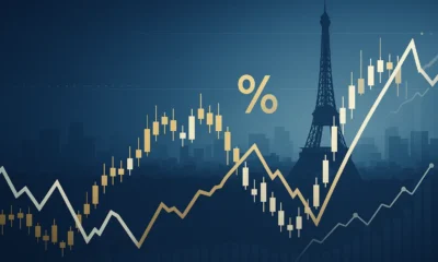 CAC 40 stock market chart overlay with Paris skyline and Eiffel Tower in a modern fintech illustration