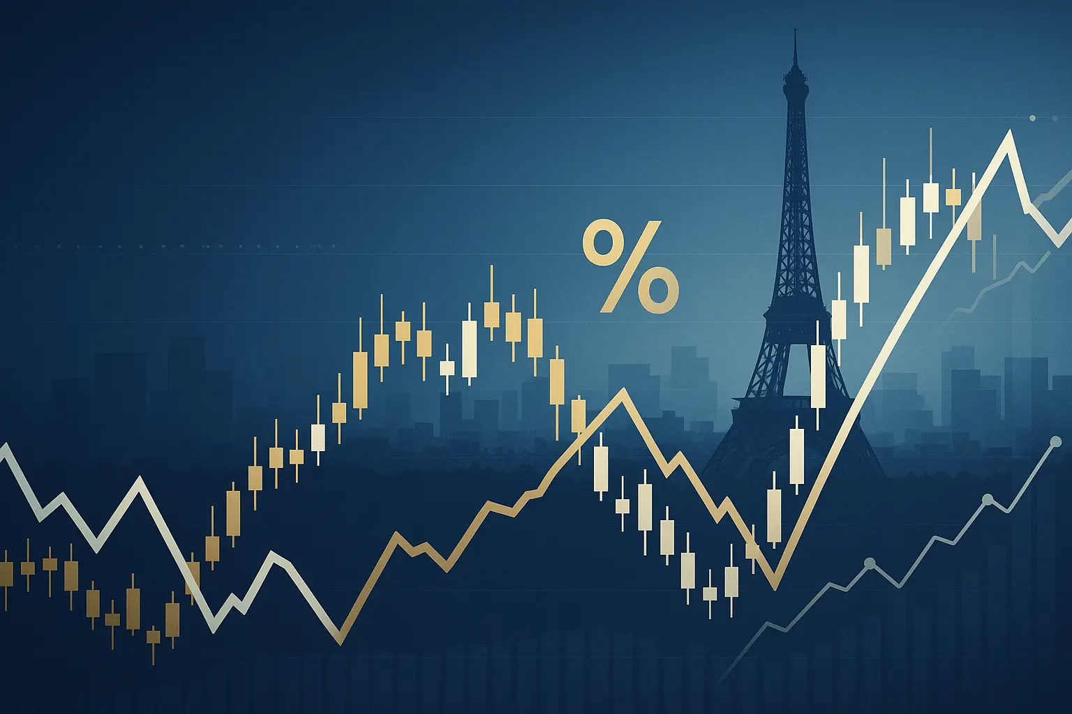 CAC 40 stock market chart overlay with Paris skyline and Eiffel Tower in a modern fintech illustration