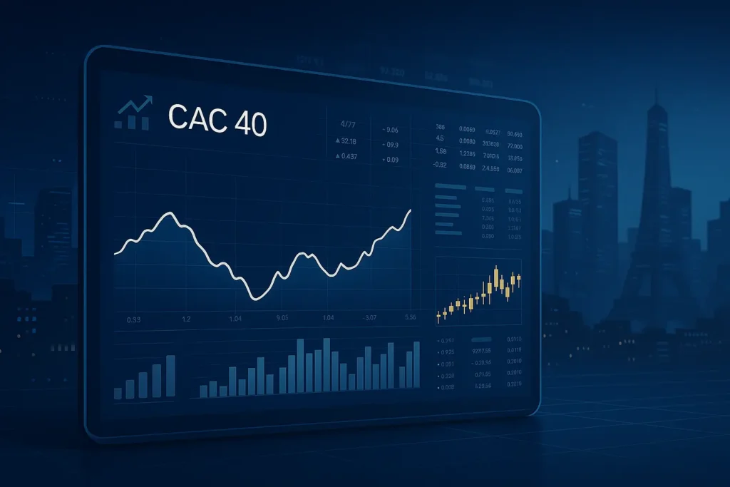 CAC 40 index displayed on a futuristic digital trading dashboard with modern Paris business skyline