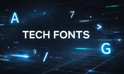 Modern tech fonts displayed in a futuristic digital interface with glowing blue typography and abstract UI elements.