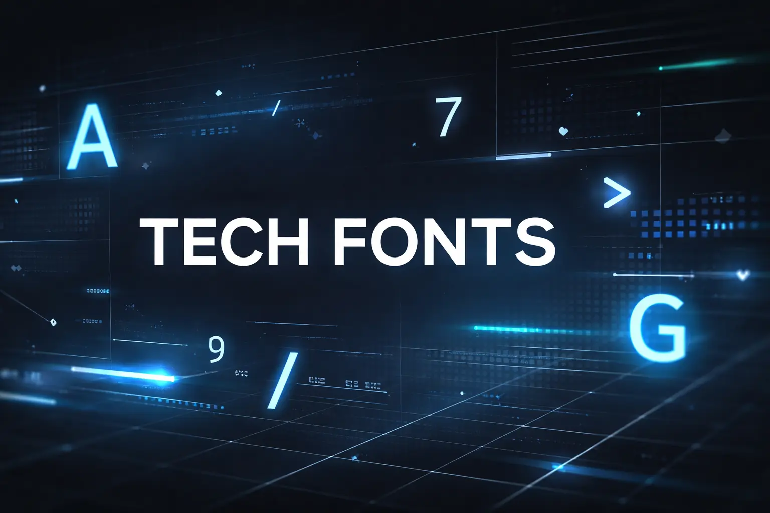 Modern tech fonts displayed in a futuristic digital interface with glowing blue typography and abstract UI elements.