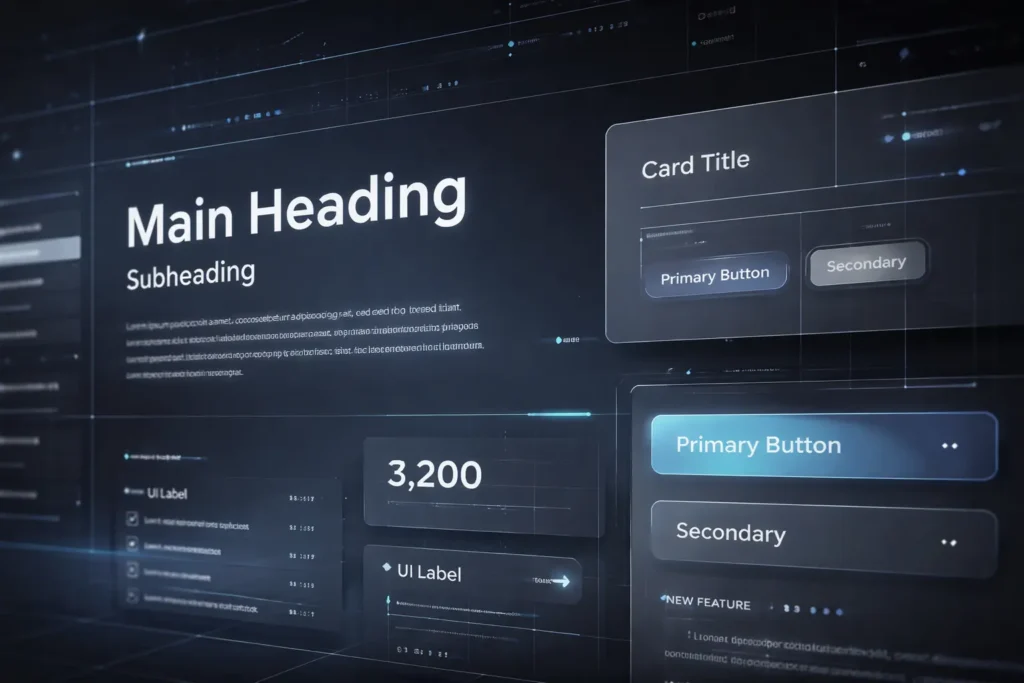 Modern UI mockup showing tech fonts applied to headings, buttons, and interface labels in a clean digital layout.