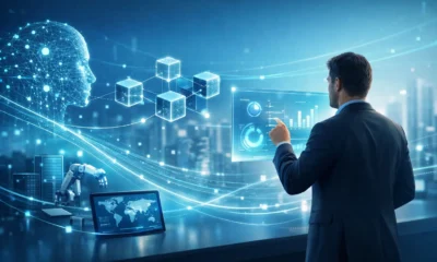 Professional interacting with holographic AI and blockchain visuals in a modern digital technology workspace