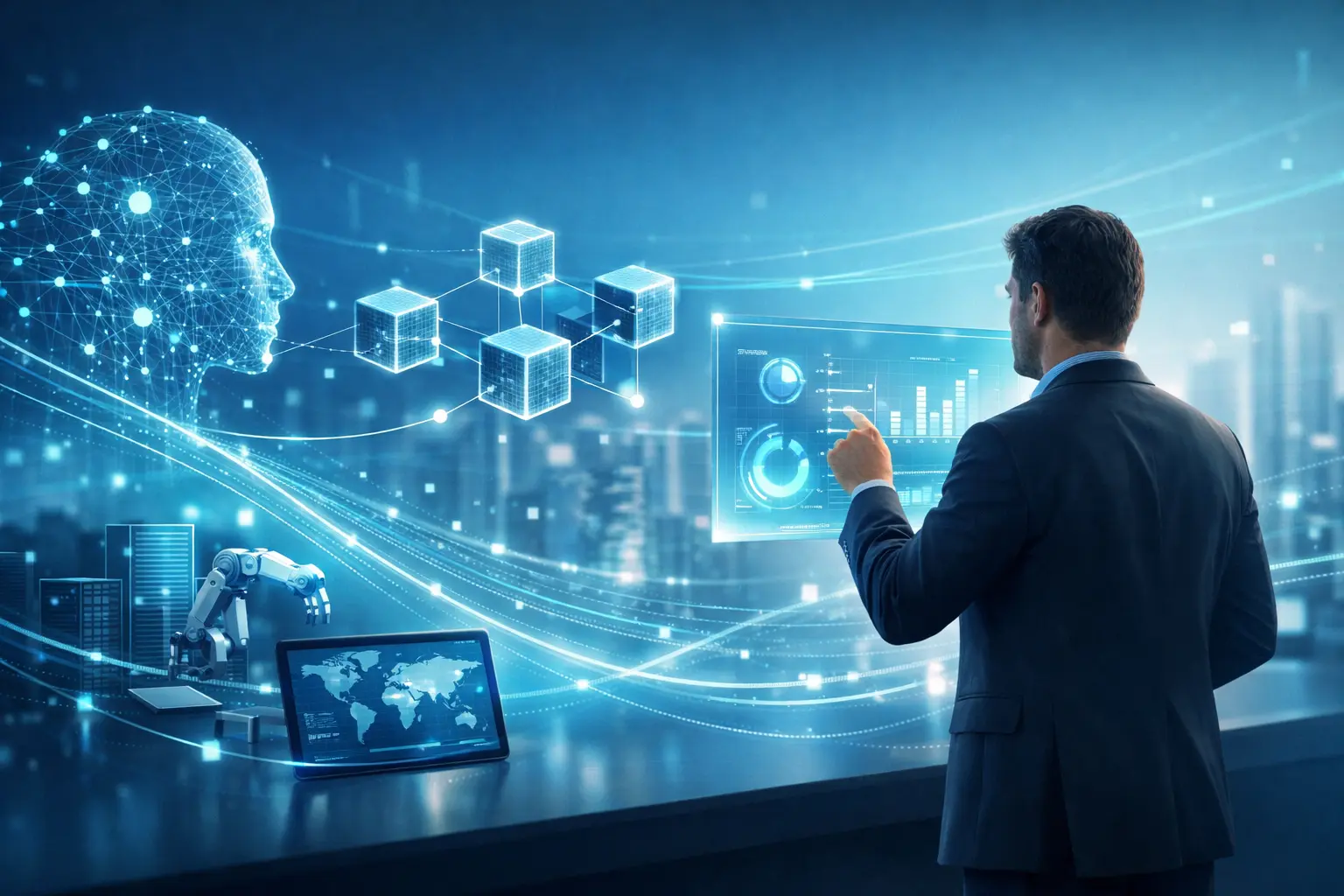 Professional interacting with holographic AI and blockchain visuals in a modern digital technology workspace