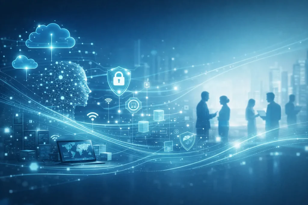 Abstract illustration of emerging technologies including AI, cloud computing, and cybersecurity in a collaborative digital workspace