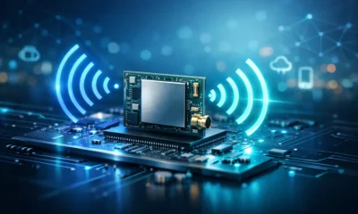 Compact Wi-Fi and Bluetooth wireless module integrated into a modern circuit board with glowing signal waves representing embedded connectivity technology