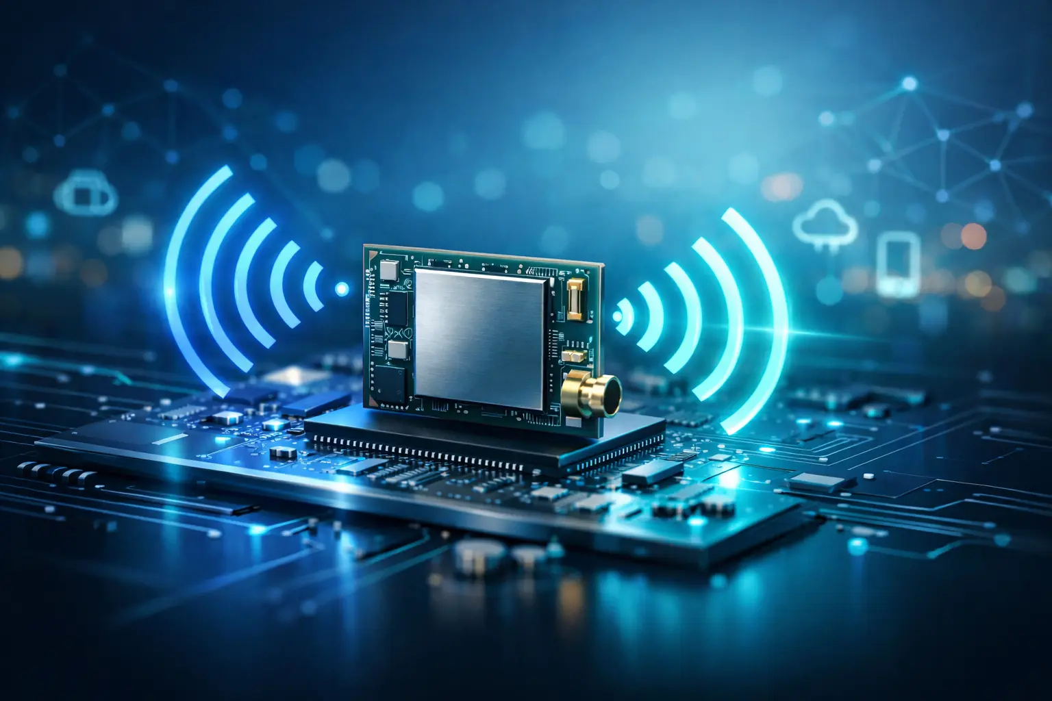 Compact Wi-Fi and Bluetooth wireless module integrated into a modern circuit board with glowing signal waves representing embedded connectivity technology