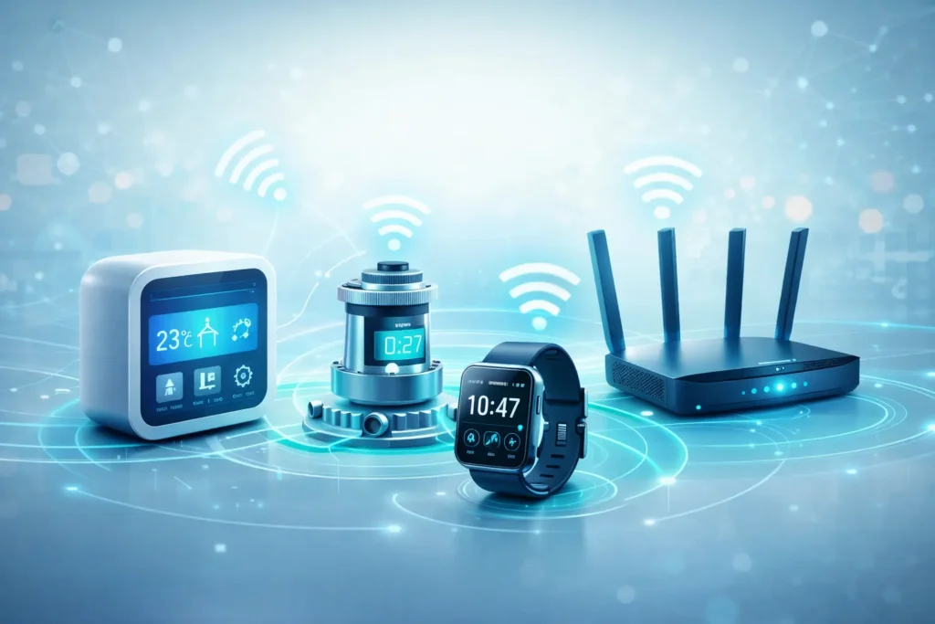 Connected IoT devices including a smart hub, industrial sensor, wearable, and router linked by wireless signals in a modern technology ecosystem