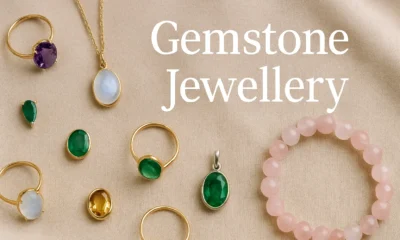 Close-up of assorted gemstone jewellery including rings, necklaces, and bracelets displayed on a soft fabric background.