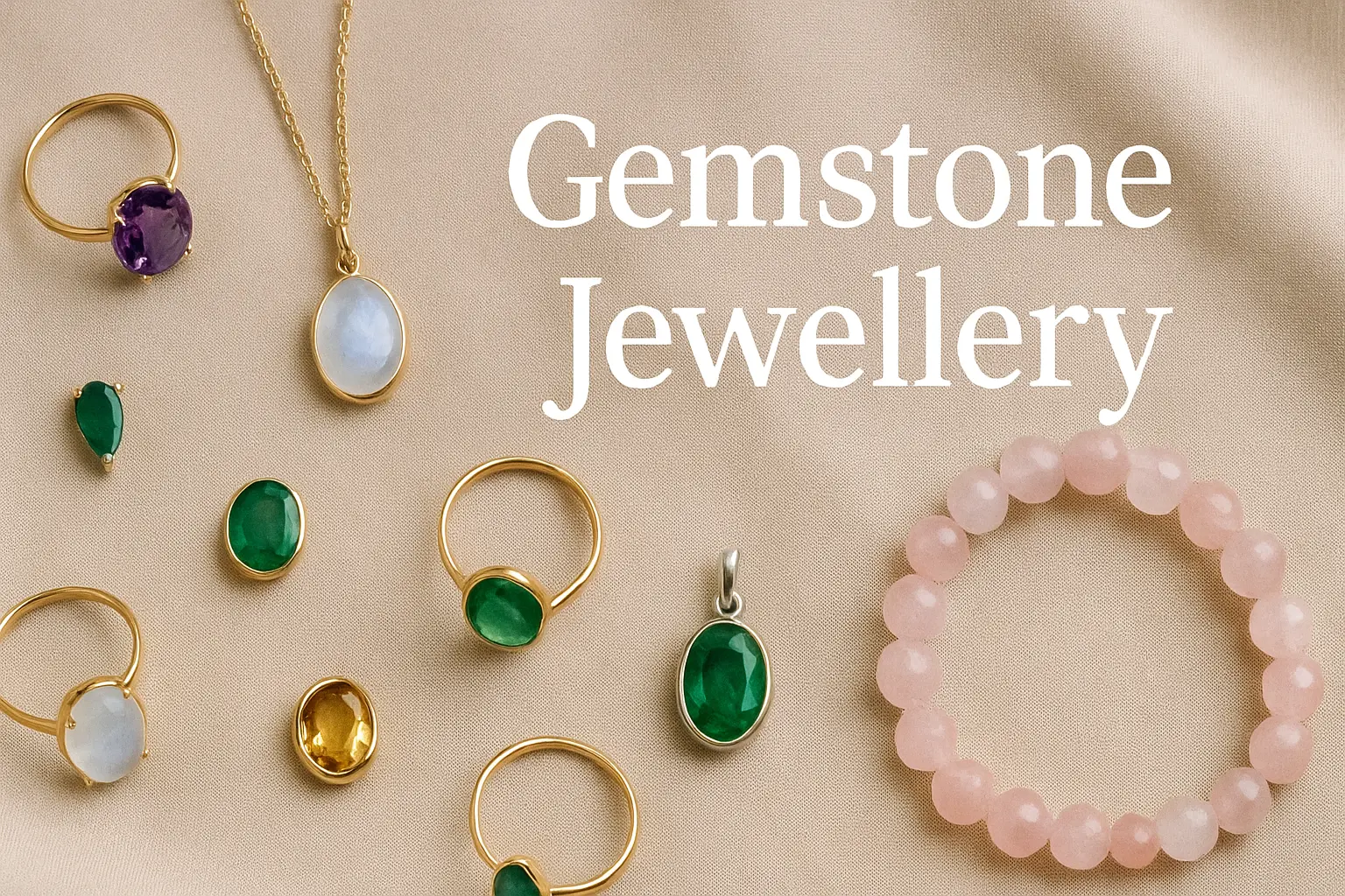 Close-up of assorted gemstone jewellery including rings, necklaces, and bracelets displayed on a soft fabric background.