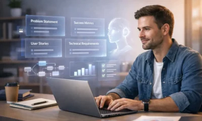 Product manager using AI-powered PRD prompts to structure product requirements and success metrics