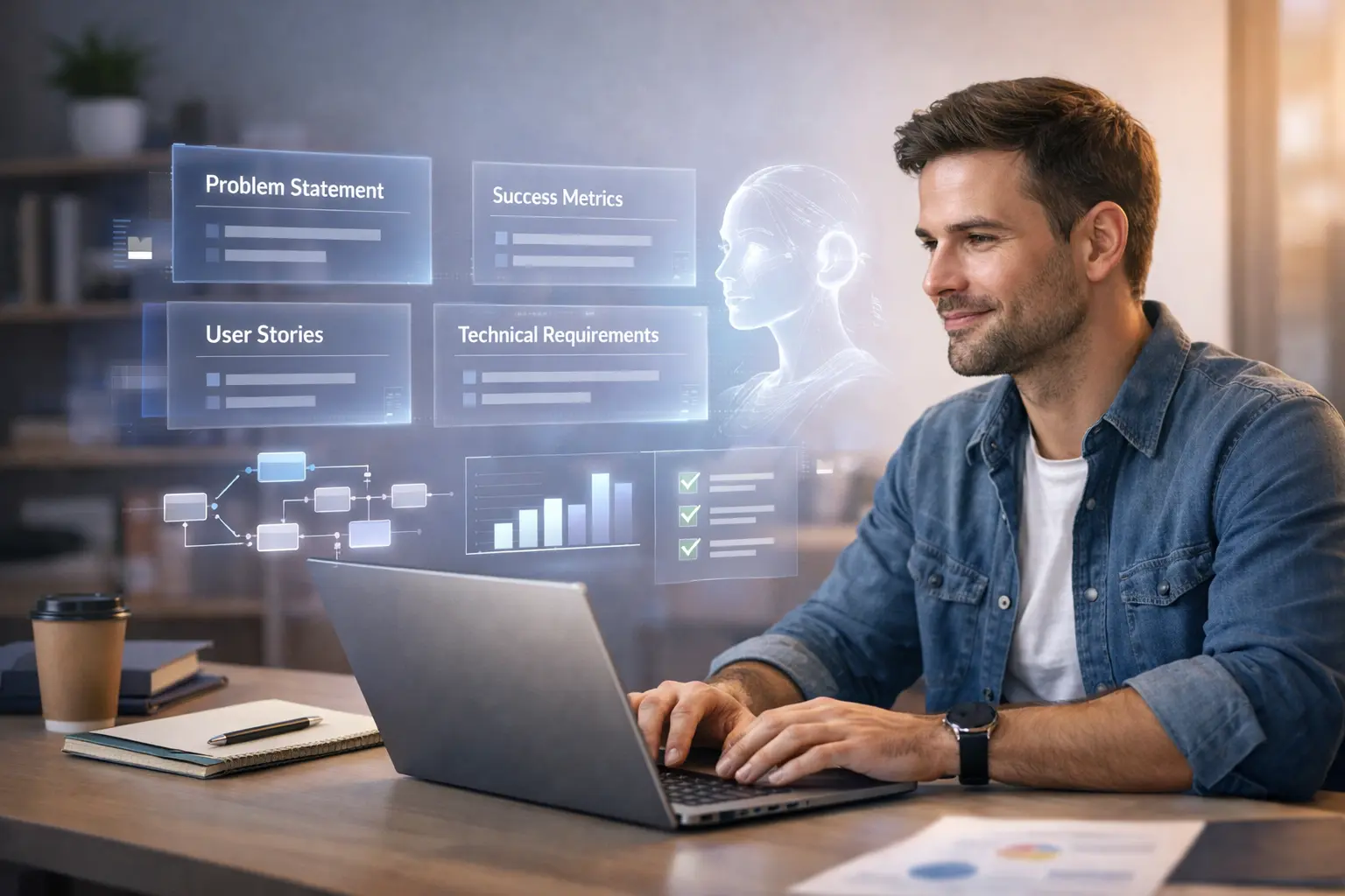 Product manager using AI-powered PRD prompts to structure product requirements and success metrics