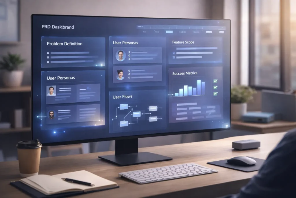 AI-assisted PRD dashboard showing user personas, feature scope, and product planning workflows