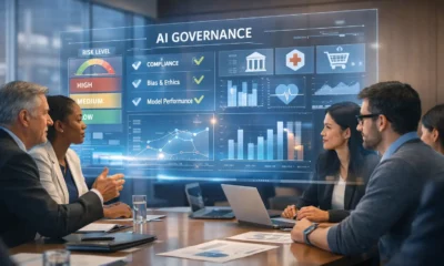 Modern enterprise boardroom with business leaders reviewing a holographic AI governance dashboard showing risk tiers, compliance, and ethical AI metrics.