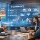 Modern enterprise boardroom with business leaders reviewing a holographic AI governance dashboard showing risk tiers, compliance, and ethical AI metrics.