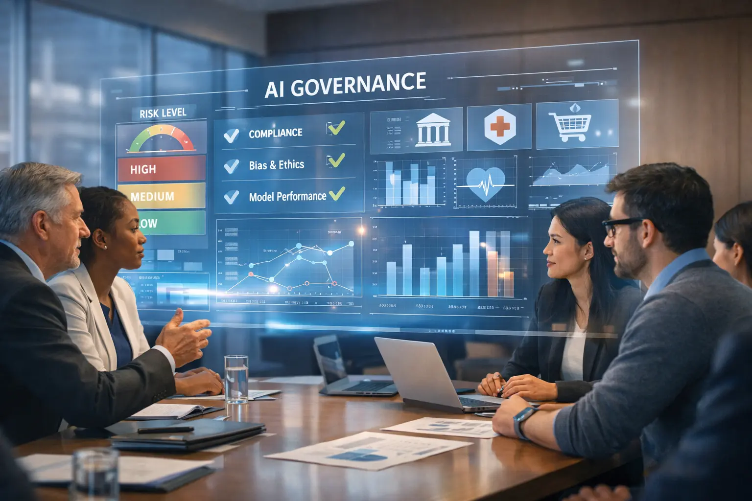 Modern enterprise boardroom with business leaders reviewing a holographic AI governance dashboard showing risk tiers, compliance, and ethical AI metrics.