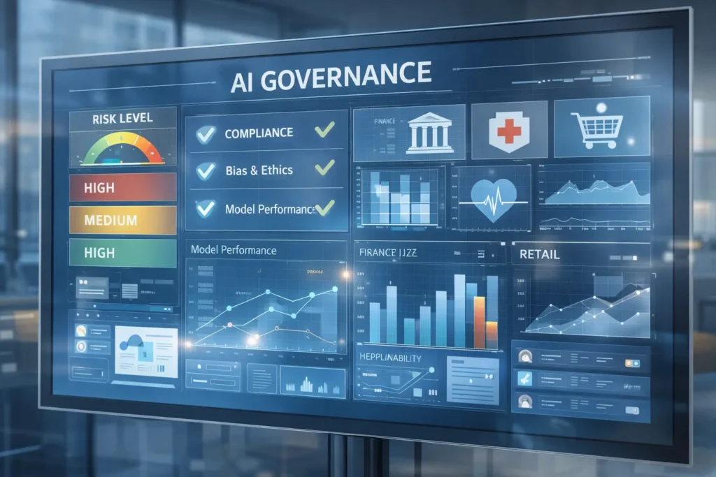 Close-up of an AI governance dashboard displaying business-specific contextual intelligence, including risk classification, compliance status, and model performance metrics.