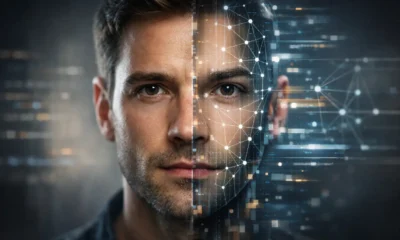 Deepfake technology software interface showing AI facial tracking and voice waveform analysis