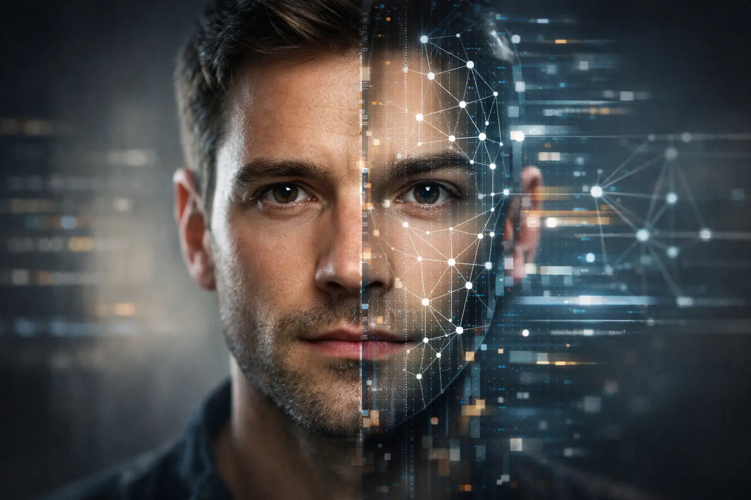 Deepfake technology software interface showing AI facial tracking and voice waveform analysis