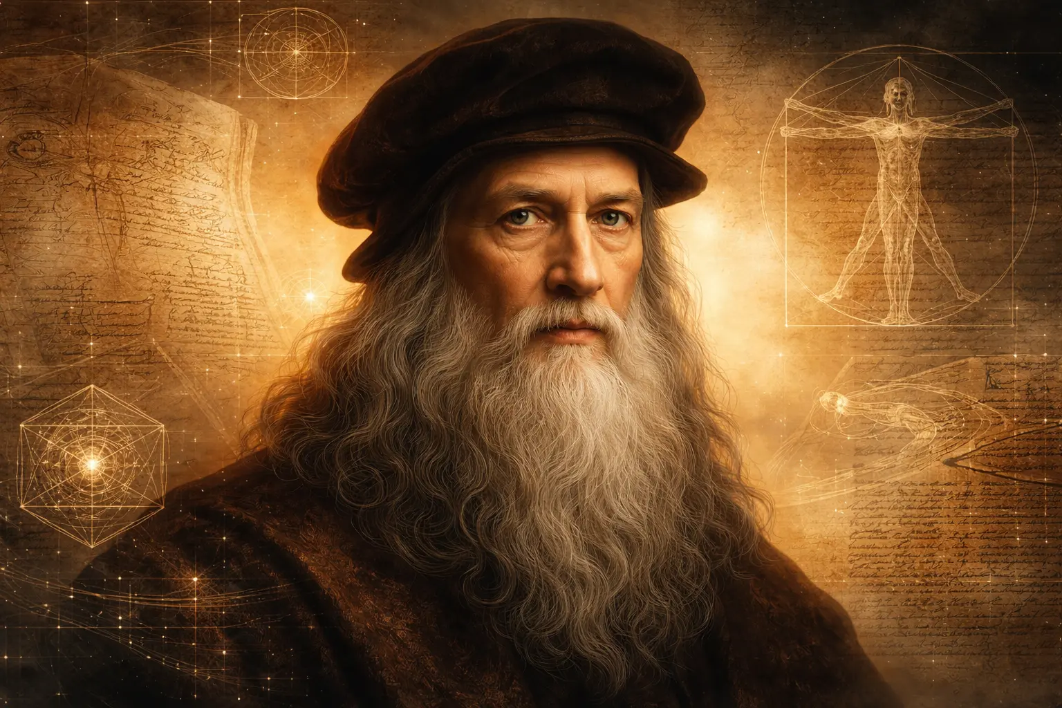 Ultra-realistic portrait of Leonardo da Vinci symbolizing genius, intelligence, and high IQ with anatomical sketches and geometric diagrams.
