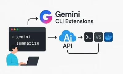 Developer working in a terminal window with AI-powered Gemini CLI tools on screen.