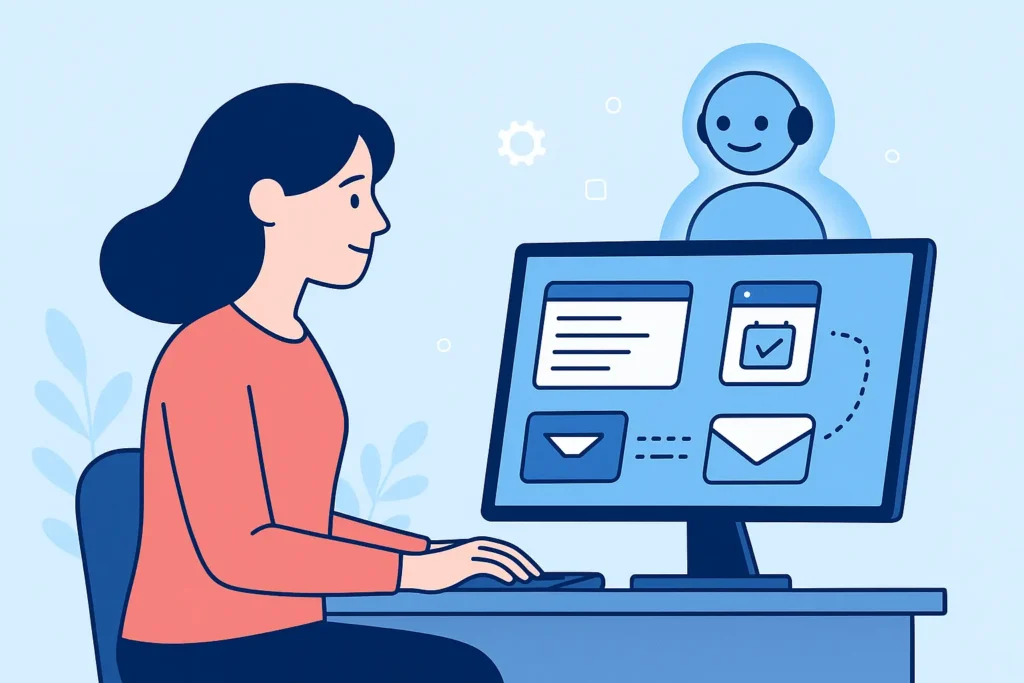 Illustration of an autonomous AI agent assisting a person with tasks on a computer.
