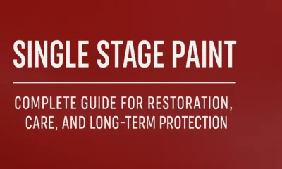 Single stage paint guide graphic with bold white text on a red background highlighting restoration, care, and protection information.