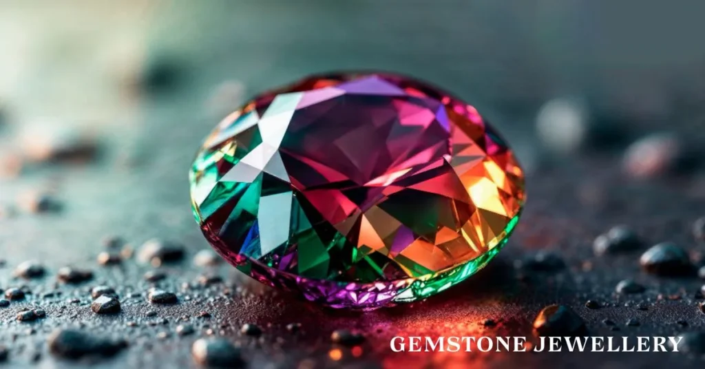 Woman wearing a delicate moonstone pendant and gemstone rings, shown in natural outdoor lighting.