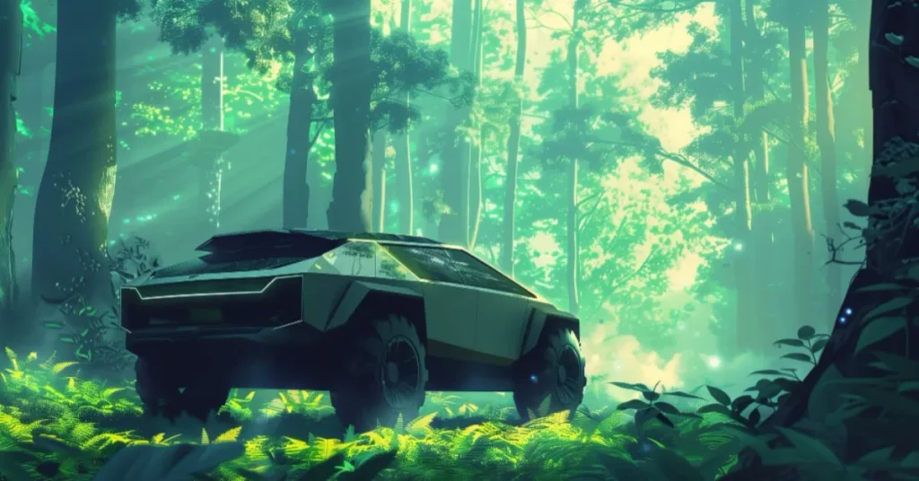 Futuristic Tesla Cybertruck outside the Pentagon at night with military silhouettes and holographic cloud computing graphics representing modern defense technology.