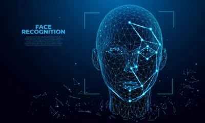 Face recognition technology visual showing an AI system scanning a human face with biometric data points and digital identity verification interface.
