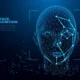 Face recognition technology visual showing an AI system scanning a human face with biometric data points and digital identity verification interface.