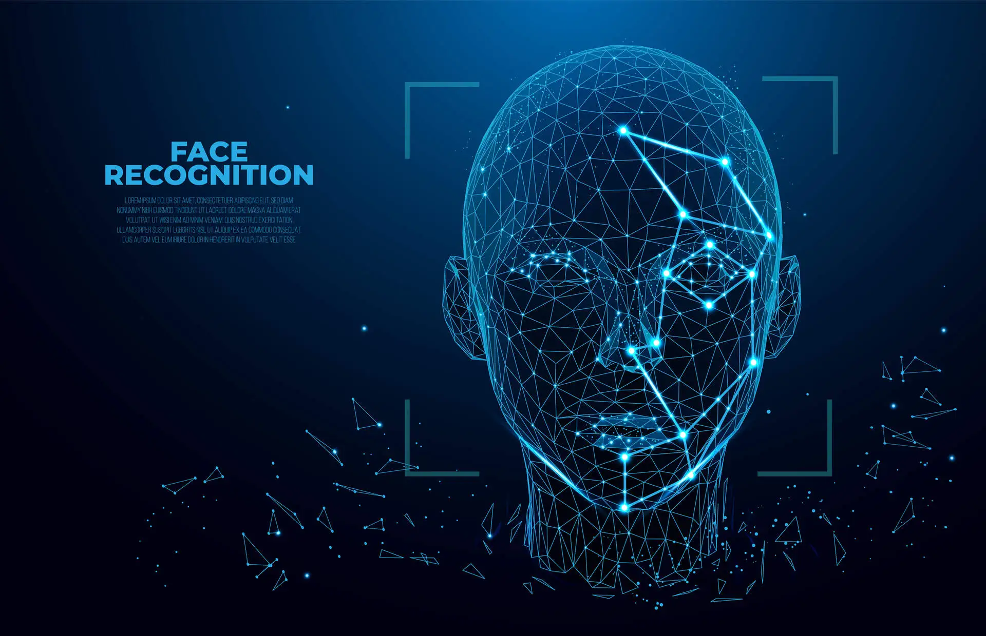 Face recognition technology visual showing an AI system scanning a human face with biometric data points and digital identity verification interface.