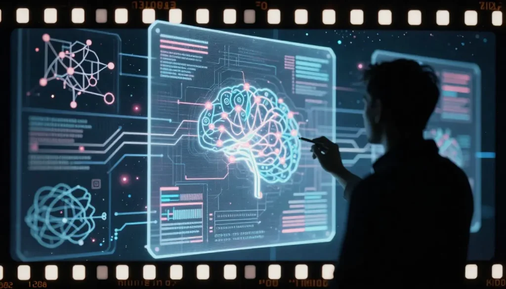 Conceptual illustration of advanced thinking with holographic data, engineering diagrams, and neural networks representing high intelligence and first-principles thinking