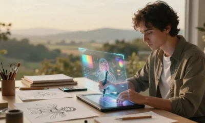Artist using artificial intelligence tools in a creative studio, combining traditional drawing techniques with futuristic AI-generated visuals on a digital tablet.